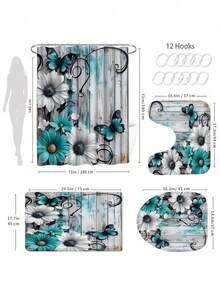 1/3/4 Pcs, Fashionable Minimalist Blue-Green & White Floral Butterfly Bathroom Set - Shower Curtain And Rug Series, Elegant And Practical Home Decor Gift. Bathroom Decor - Multicolor - View 6