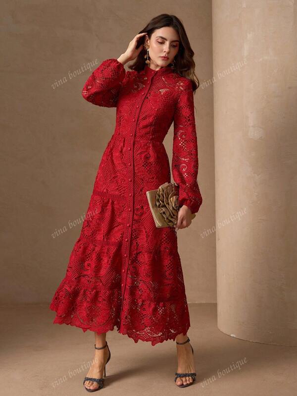 Elegant & Luxurious Stand Collar Open Front Covered Button Slim Fit A-Line Long Sleeve Dress For Women