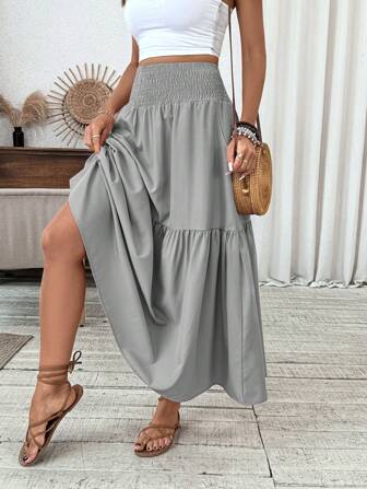 女士长款碎花半身裙，休闲松紧腰带，带口袋，荷叶边裙摆，A字裙摆，夏季百搭