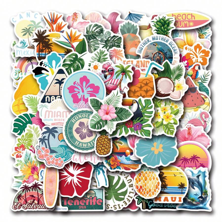 55PCS Tropical Stickers Beach Island Life Stickers Vinyl Aesthetics Stickers Scrapbook, Journaling, Laptop, Bumper, Skateboard, Water Bottles, Computer, Phone, Cartoon, Hard Hat, Car Stickers - Multicolor - View 1