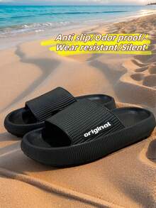 男士夏季新款字母条纹拖鞋，EVA防臭抗菌露趾厚底家居凉鞋，黑色时尚经典百搭热销男女通用四季拖鞋 - 黑色 - 查看 4