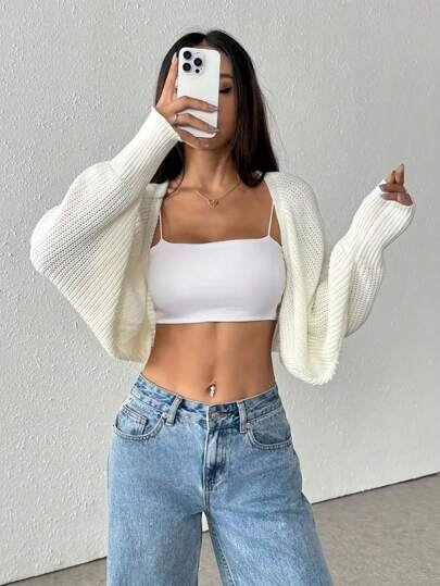New Fall Women Casual Ribbed Solid Color Knit Cardigan Short Long Sleeve Top