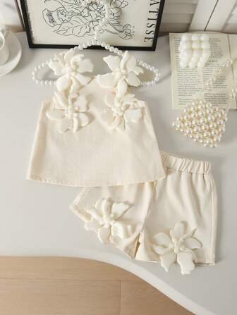 2pcs/Set Baby & Toddler Girls Vacation Casual Solid Color Floral Decor Camisole Top And Elastic Waist Straight Leg Shorts Set