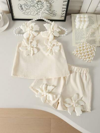 2pcs/Set Baby & Toddler Girls Vacation Casual Solid Color Floral Decor Camisole Top And Elastic Waist Straight Leg Shorts Set