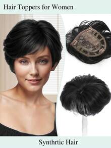 Natural Black Short Hair Topper With Bangs Relaxed Pixie Cut Clip In Hair Topper For Women With Thinning Hair Synthetic Hair Top Hairpieces