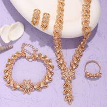 Set de joyería de 4 piezas de espiga de trigo con cristales para mujer, estilo clásico de verano, compuesto por 1 collar + 1 pulsera + 1 anillo abierto + 1 pendientes, hecho de aleación de zinc con cristales, con un estilo lujoso y elegante, sexy y encantador, apto para uso diario, vacaciones, fiestas, Navidad, Acción de Gracias, bodas, cumpleaños, regalos de aniversario