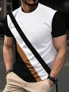 New Summer Contrasting Color Business Style Round Neck Men's Casual Short Sleeve T-Shirt - White - View 1