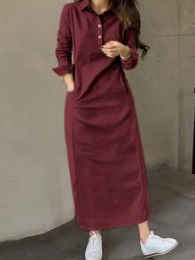 春秋新款时尚优雅翻领纽扣长袖女式阿拉伯连衣裙 - 中紫紅色 - 查看 5