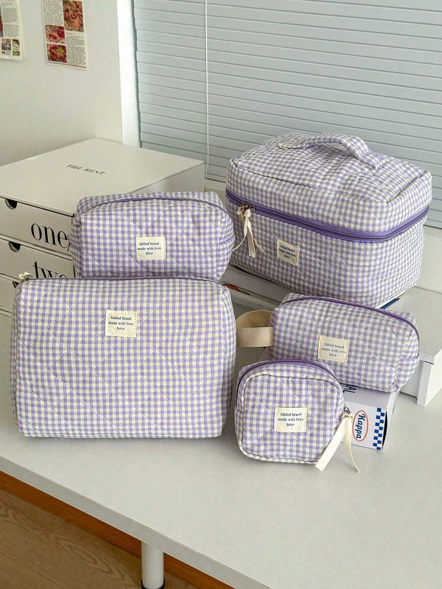 Nécessaire grande acolchoada xadrez roxa (1 unidade), bolsa de maquiagem portátil e moderna, nécessaire de viagem feminina, bolsa multifuncional para guardar batom, absorvente higiênico, moedas, chaves, presilhas de cabelo, elásticos de cabelo, nécessaire charmosa, organizador de viagem para maquiagem, presente para o Dia das Mães, presente de volta às aulas, presente de Ano Novo - Roxa - Ver 1
