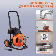 Drain Cleaning Machine 100FT X 3/8 Inch, Sewer Snake Machine Auto Feed, Drain Auger Cleaner With 4 Cutter & Air-Activated Foot Switch For 1" To 4" Pipes