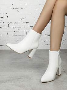 Women's White Pointed Toe Simple Personalized Thick Heel Ankle Boots, Elegant For Evening Party, Versatile & Slimming - White - View 2
