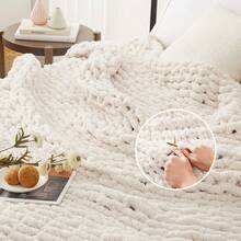 Chunky Knit Blanket - Soft Chenille Yarn Throws 40x50: Handmade Thick Cable Crochet Blanket - Large Chunky Yarn Rope Knot Throw For Couch, Sofa, Bed Home Decor - Ivory - 查看 4
