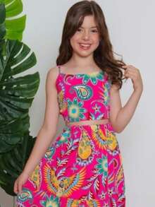 Girl's Set, Long Skirt And Cropped Top, Children's And Youth, 2 Pieces, Multicolored - 玫紅色 - 查看 3