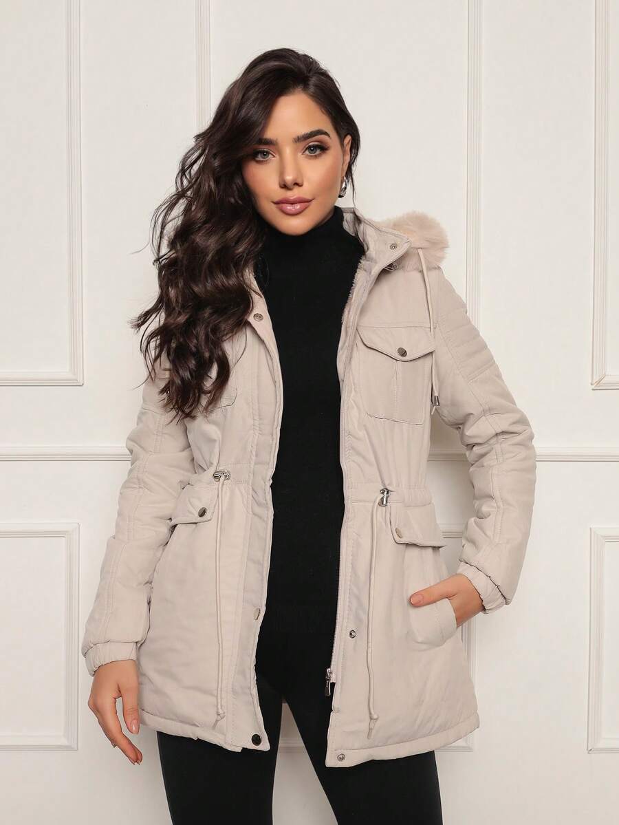 Women's Twill Parka Coat Plush Lined Overcoat Winter Fashion - 米色 - 查看 1