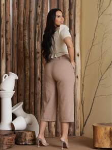 Women's Pantacourt Linen High Waist Trousers With Bow And Pockets - 摩卡棕 - 查看 6