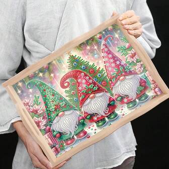 1 套 DIY 钻石画托盘套件 - 圣诞节小矮人木制装饰托盘，手工胶合板马赛克艺术品，适合家庭展示和整理，不对称形状节日工艺品