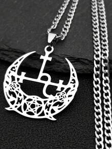 Wicca Triple Moon Crescent Pentagram Pedant Necklace For Women Men Stainless Steel Gold Color Satan Lilith Demon Seal