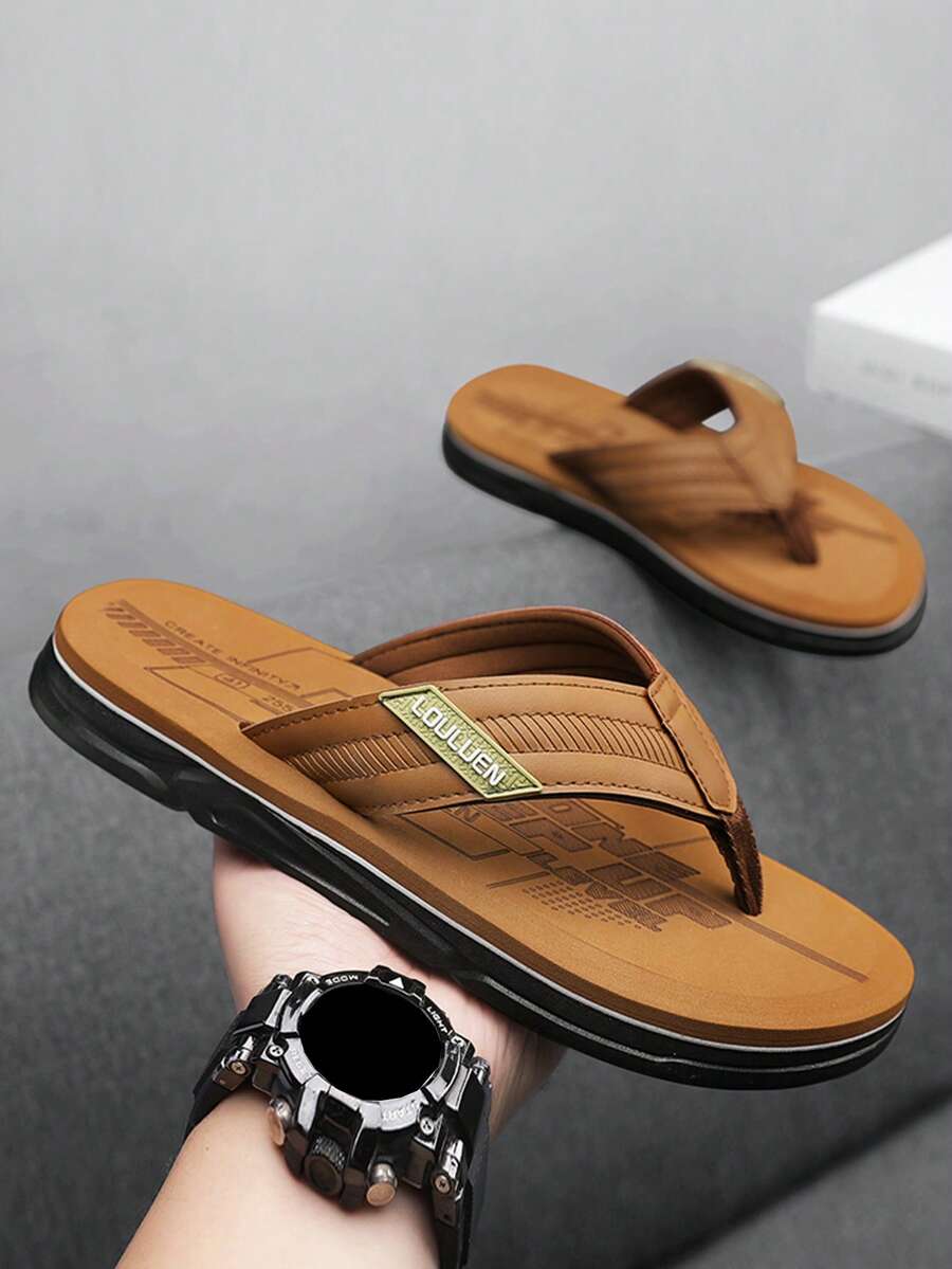 1 Pair Men's Brown Flip Flops, Slip-Resistant & Durable PVC Sole, Soft & Comfortable EVA Insole, Personalized Textured Thong Design, Essential Beach Sandals - Khaki - View 1