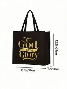 Black Linen Two Pieces Set Combination With Hand Rope,With "To God Be The Glory" Letter Printing Pattern, Personalized Gift For Friend's Birthday, Women's Fashionable Canvas Handbag With Button Thick Linen Bag, Perfect For Shopping - Black - View 10