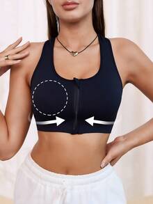 1 Piece Hollow Mesh Knit Front Zipper Hollow Stretch Moisture Wicking Design Breathable Seamless Sports Bra, Fitness Yoga Running Bra With Removable Pads, Breathable Mesh Tank Top, Women's Summer Bras And Short Tops Underwear - 黑色 - 查看 4