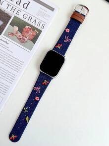 1pc Women's Embroidered Bows, Flowers, Cherry Washing Denim Leather Watch Strap Compatible With Apple Watch Band 38mm 40mm 41mm 42mm 44mm 45mm 49mm S10 42mm S10 46mm, Stylish, Cute,,Comfortable Replaceable Band Compatible With Iwatch Series 11 Ultra 3 SE3 Ultra 2 S10 SE2 9 8 7 SE 6 5 4 3 2 1 - Royal Blue - View 6