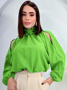 Women's Cropped Blouse Long Sleeve Puffed High Neck Ruffled Mother's Day Launch 2025