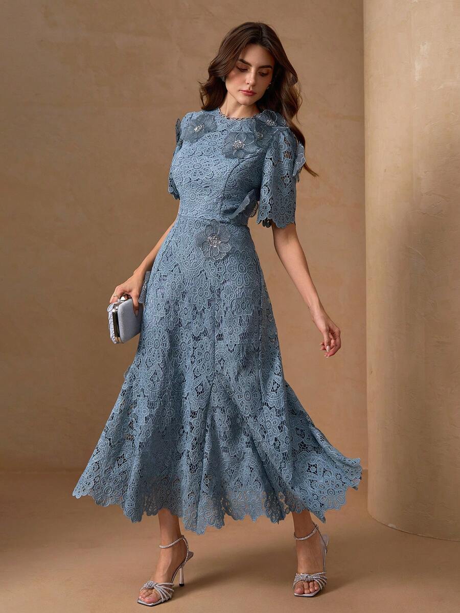 Women's Elegant Floral Applique Back Zipper Flared Dress Summer - Dusty Blue - View 1