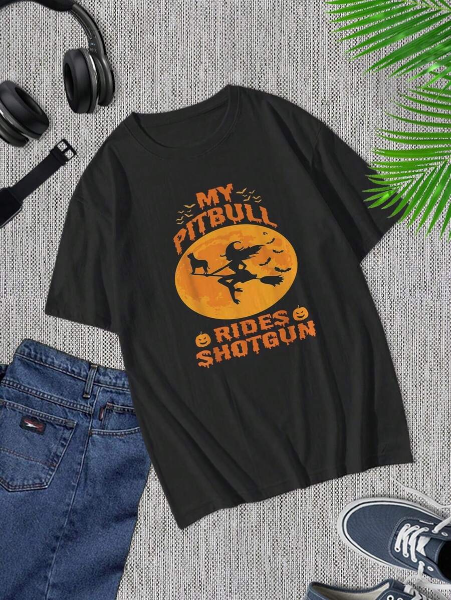 Camiseta de Halloween de Pitbull Bruja Divertida - Mi Pitbull Va en el Asiento del Copiloto - Camiseta de Disfraz para Amantes de Perros - Camiseta Gráfica de Algodón Negro para Hombres y Mujeres - Negro - Ver 1