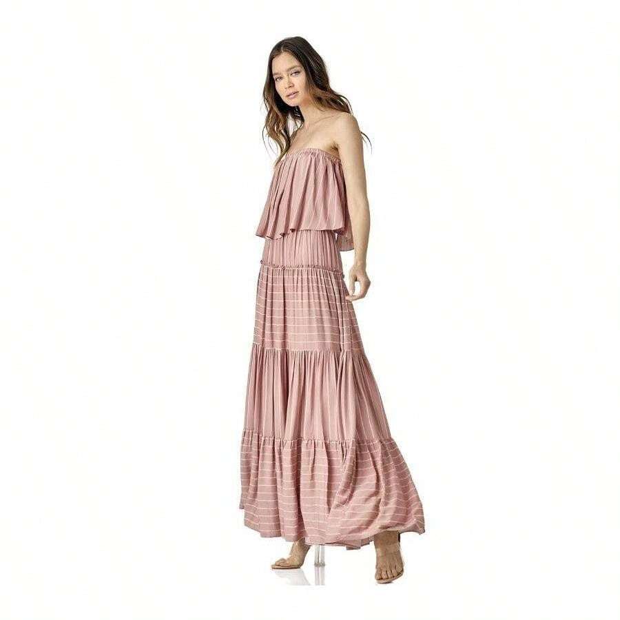 Pin Stripe Print Tube Maxi Dress - Dusty Rose - View 1