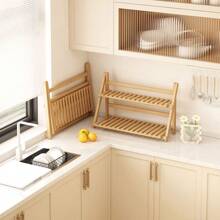 1pc Bamboo Kitchen Storage Rack, Foldable Desktop Organizer Shelf, Small Multi-Purpose Household Storage Rack