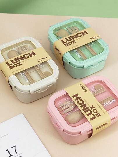1 件套午餐盒，带两个隔层，内置餐具套装，可重复使用，可微波炉加热（取下盖子），适用于厨房、户外、学校用品和厨房用具