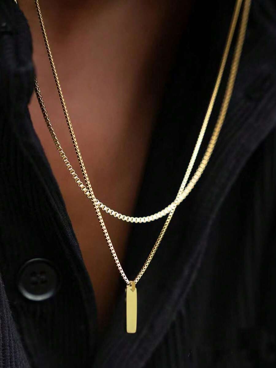 2pcs Simple Stainless Steel 18K Gold Plated Double-Layer Rectangular Pendant Necklace, Festive Gift For Back To School Season