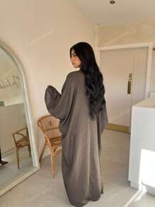 1pc Women's Solid Color Classic Open Cardigan Robe, Loose Fashionable Comfortable Linen Abaya Long Robe, Minimalist Arabic Dubai Outfit, Suitable For Daily Wear And Festivals