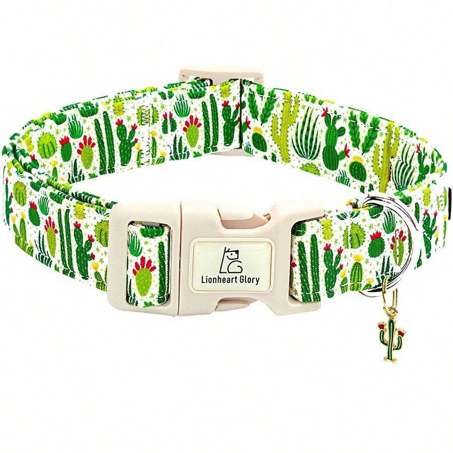 Vòng cổ cho chó Lionheart Glory, in hình cây xương rồng màu xanh lá cây, dành cho chó cỡ trung, phụ kiện thú cưng unisex mùa xuân/hè, có thể điều chỉnh và bền chắc, vòng cổ thú cưng dễ thương.