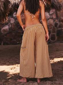 Women's Drawstring Striped Trousers Loose Wide Leg Casual Trousers Casual Paraiso Trousers With Pockets Trousers - 卡其色 - 查看 2