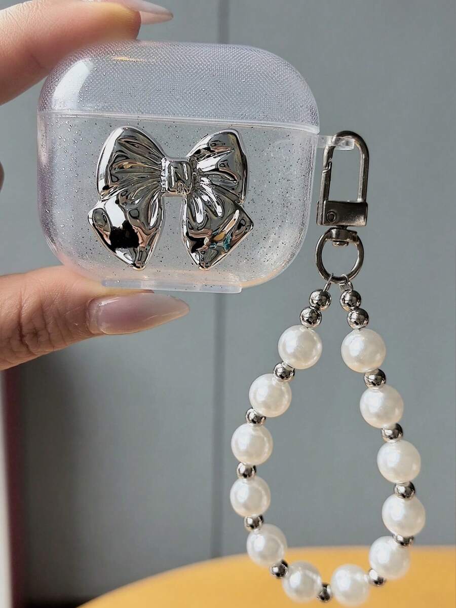 Estuche para auriculares de plata pura con lazo brillante y cadena de perlas de moda - Multicolor - Ver 1