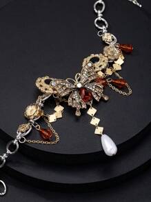 1pc Vintage Distressed Gold Bow Flower Cubic Zirconia Choker Necklace For Women, Party & Daily Wear Jewelry
