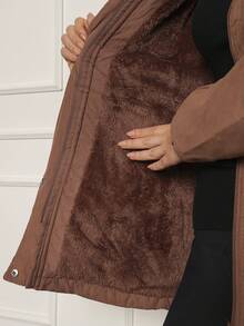 Women's Twill Parka Coat Plush Lined Overcoat Winter Fashion - 駝色 - 查看 5