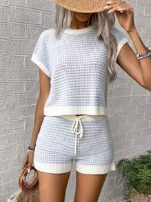 Knit Mix Spring Summer Women's Casual Striped Loose Fit Two Pieces Set,Modest Vintage Round Neck Long Sleeve Top & Shorts For Outdoor Commuting Back To School Autumn Fall Women Clothes