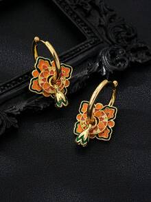 1 Cặp hợp kim đồng mạ vàng và men Macaron Series Dual-Wear Clover, Pentacle, Bông tai hình tròn tráng men thả cho phụ nữ, Thời trang đa năng, Bông tai vòng tự làm, Quà tặng Ngày của Mẹ - Hoa sen cam - Xem 3