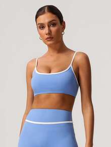 Sodalemon Women Color Block Fitness Light Support Straight Strap Yoga Sport Bra - Baby Blue - View 5