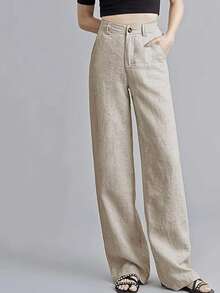 Women's Cotton Linen Trousers Casual Button Up High Waist Wide Leg Trousers - 卡其色 - 查看 4