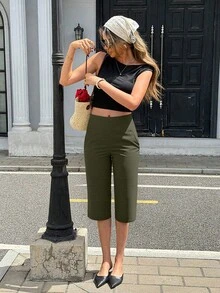 Women's Yoga Capri Pants Straight Leg High Waisted Stretchy Athletic Capris Pants With 3 Pockets For Workout Casual - Army Green - View 6