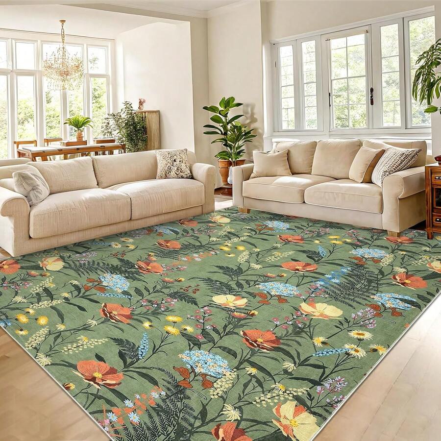 Rustic Style Rug Floral Printed Rug Soft Non-Slip Thin Rug Living Room ...