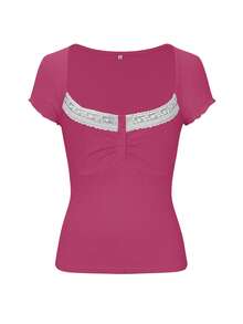 Y2K甜美休闲简约学院风修身纯色蕾丝拼接方领短袖针织T恤上衣，夏季