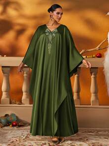 Elegant Green Embellished Kaftan Evening Gown With V-Neck , Friendly Formal Dress For Women, Luxury Abaya Style Gown For Party And Wedding,Long Formal Dress,Modest Style Dress - Army Green - View 9