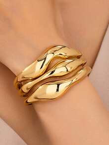 4pcs/Set Minimalist Chic Chunky Metallic Golden Geometric Teardrop Line Shape Bracelet, Ring, Earrings Jewelry Set, Suitable For Women, Thick Smooth Metal And Zinc Alloy Material - Yellow Gold - View 18