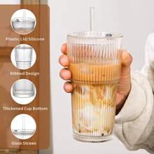 Retro Ribbed Glass Cup With Lid & Straw - Large Vertical Striped Double-Wall Tumbler, Perfect For Whiskey, Cocktails, Iced Coffee & Cold Drinks - 透明 - 查看 3