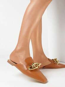 Metal Chain Embellished Minimalist Retro Slip-On Mules, Preppy Style - Camel - View 3