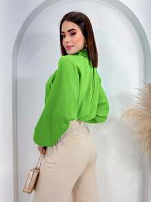 Women's Cropped Blouse Long Sleeve Puffed High Neck Ruffled Mother's Day Launch 2025